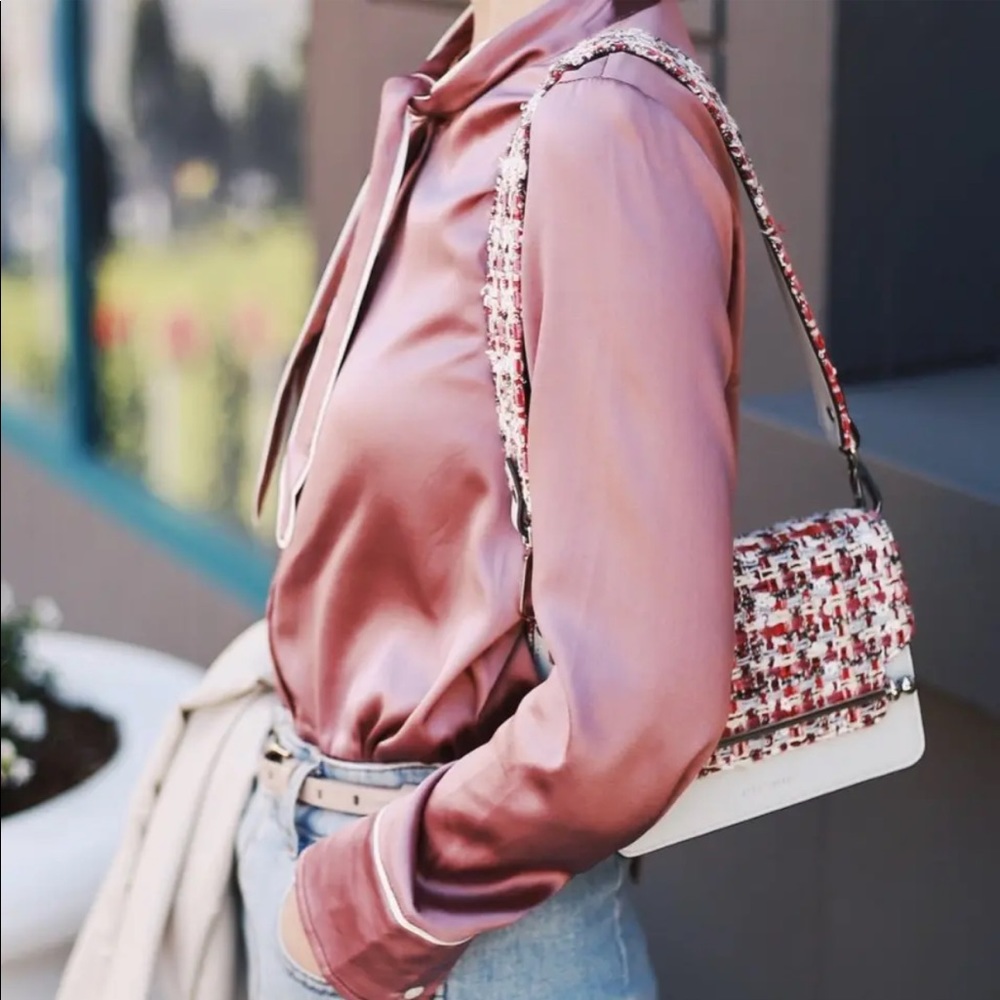 Strathberry Mauve Satin Blouse with Red Tweed Bag